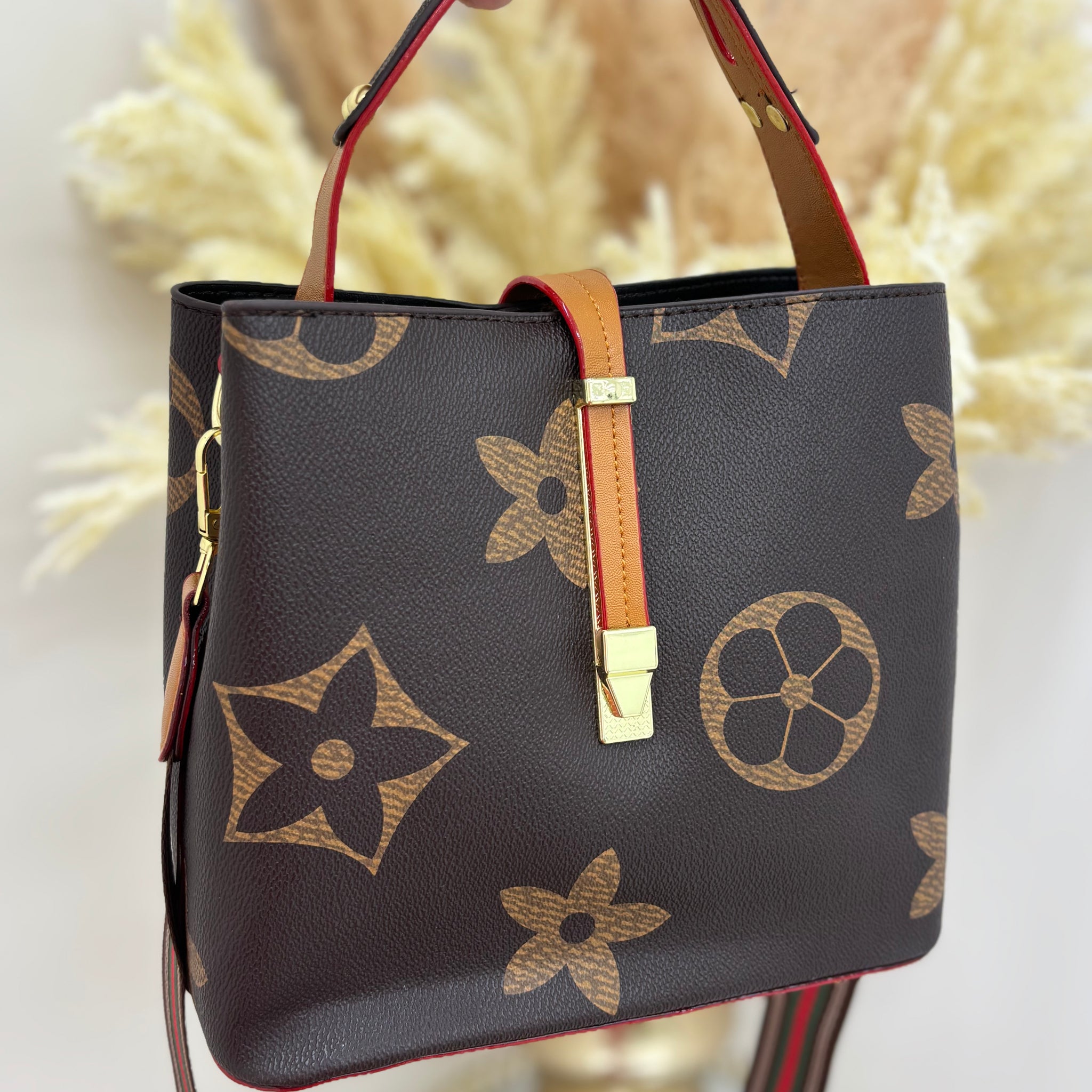 Flower Inspired Detailed Bucket Bag with Gold Detailing