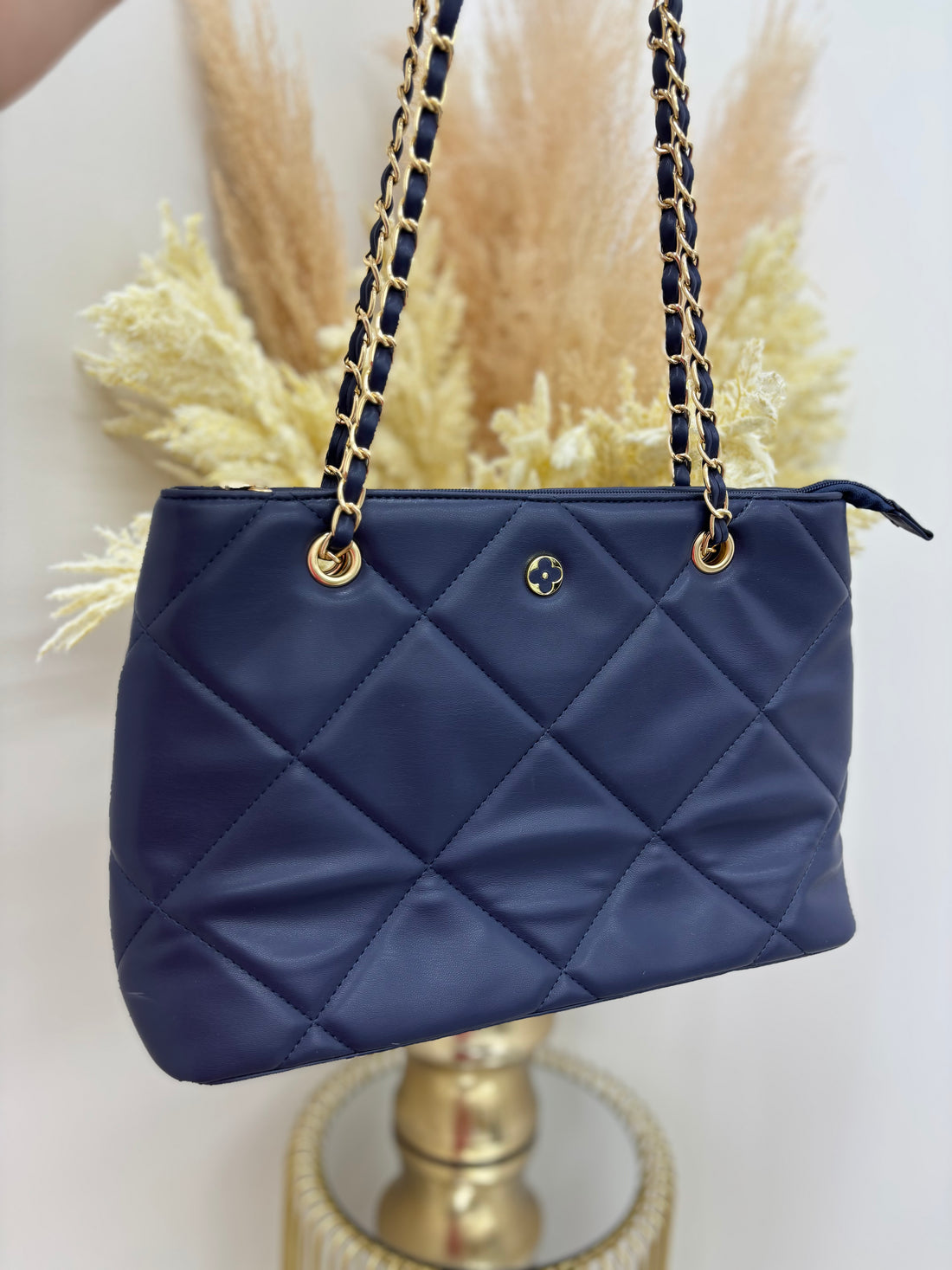 Flower Quilted Detailed Tote Bag with Gold Detailing
