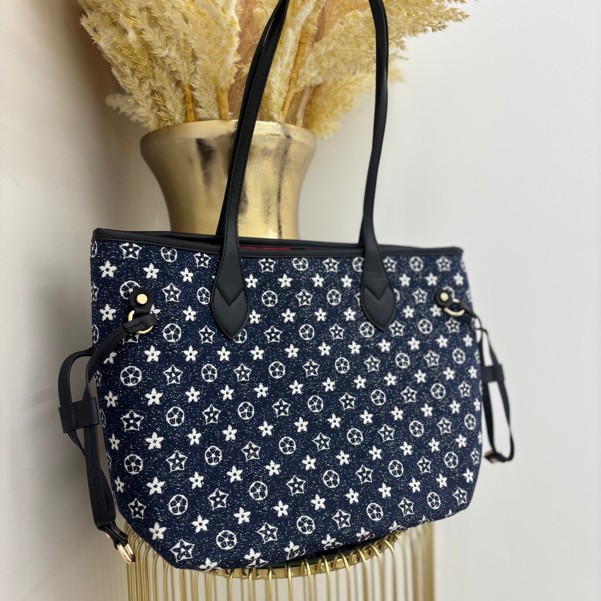 Denim Flower Shoulder Bag with Gold Detailing