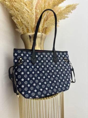 Denim Flower Shoulder Bag with Gold Detailing