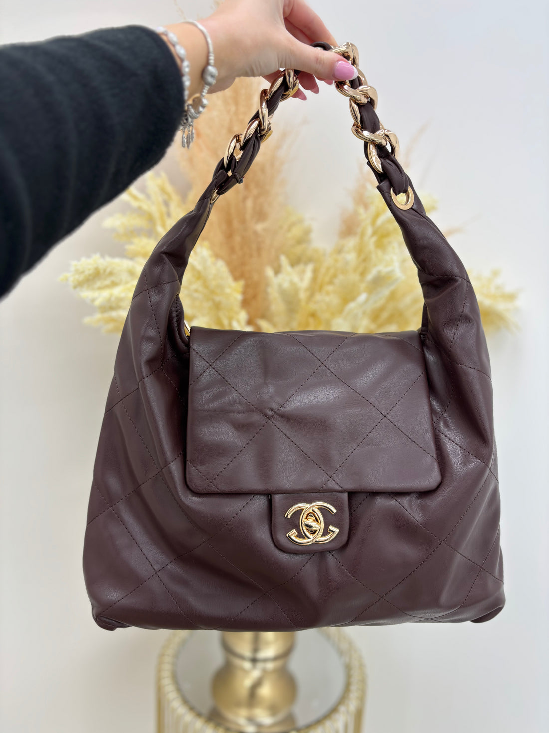 CC Inspired Quilted Slouch Bag with Gold Hardware