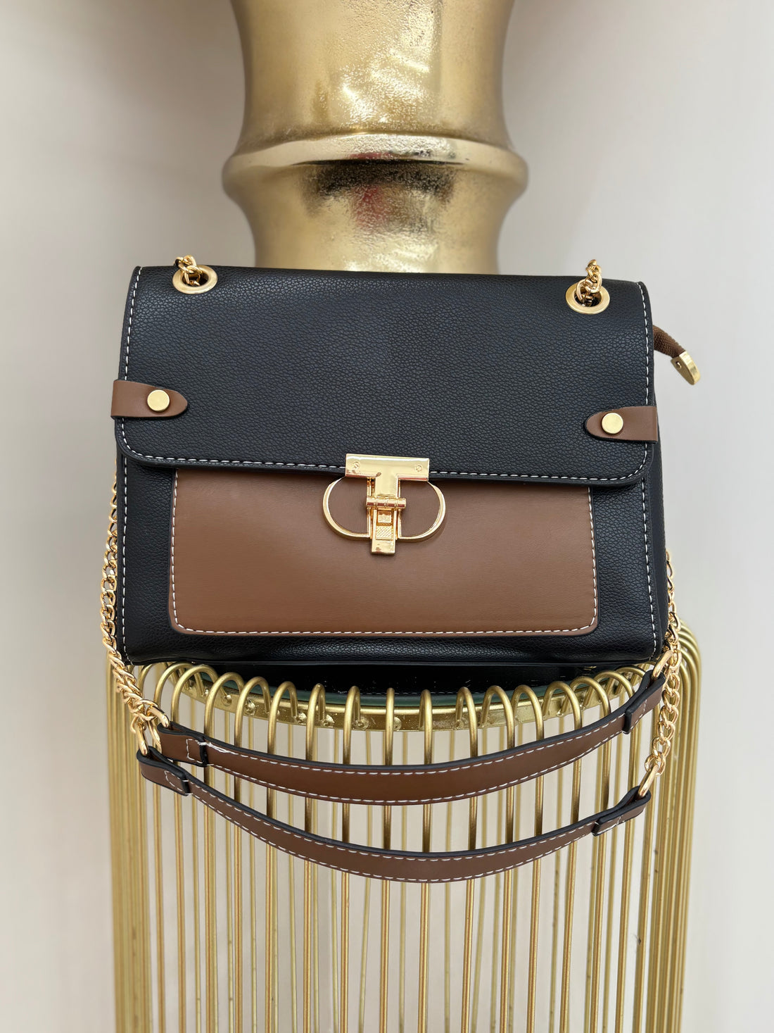 Two Tone Handbag with Gold Strap and Gold Detailing
