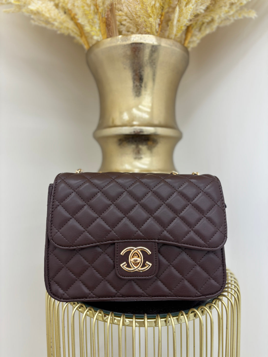 CC Quilted Shoulder Bag with Gold Hardware