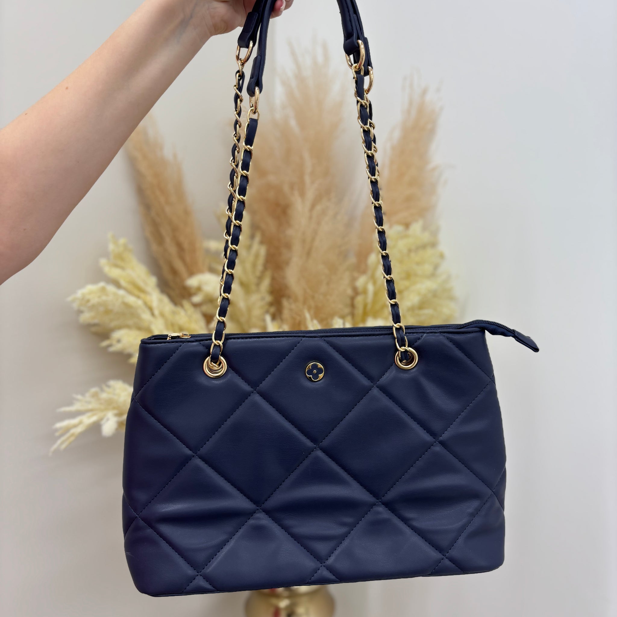 Flower Quilted Detailed Tote Bag with Gold Detailing