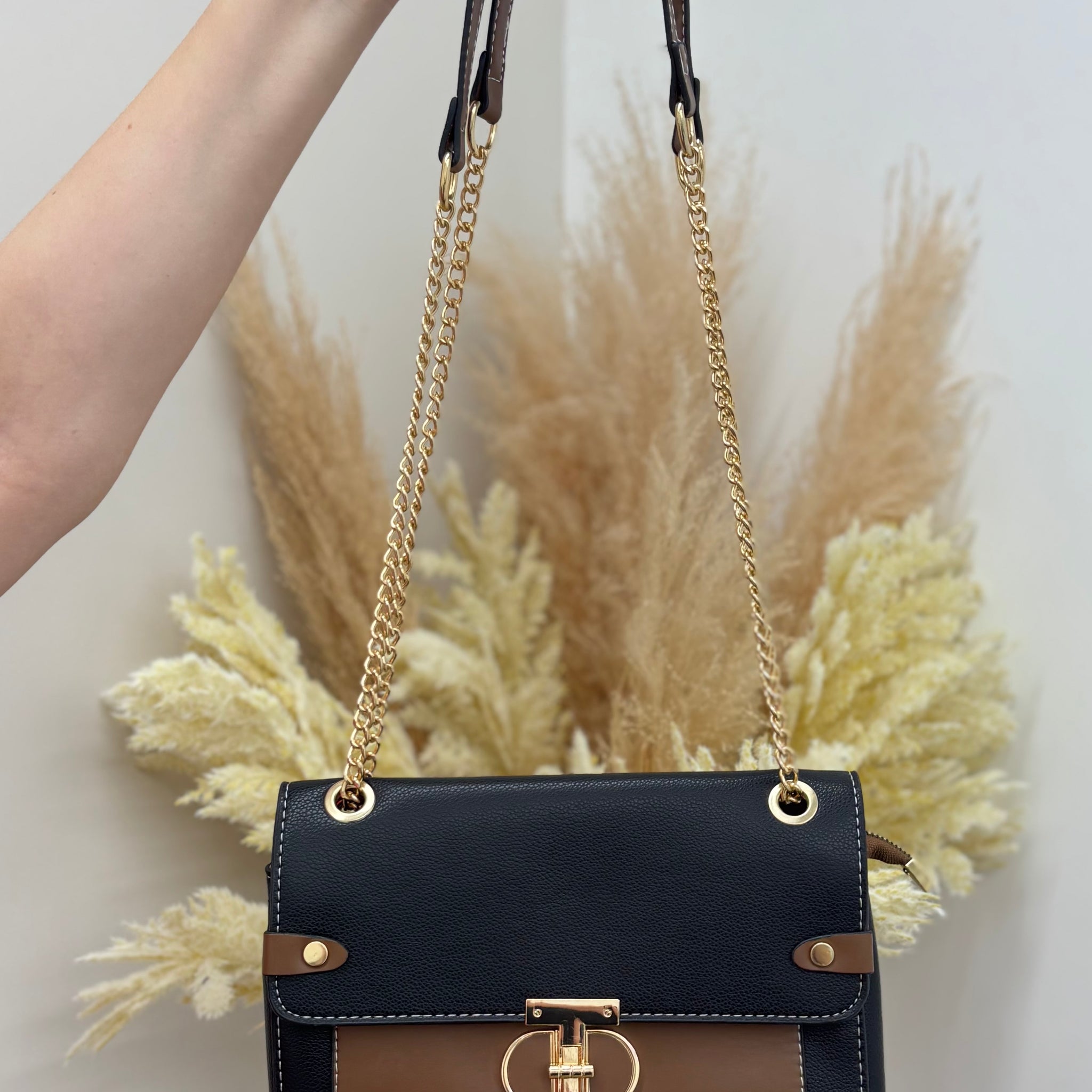 Two Tone Handbag with Gold Strap and Gold Detailing