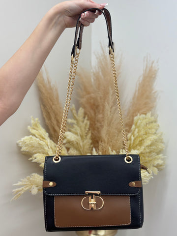 Two Tone Handbag with Gold Strap and Gold Detailing