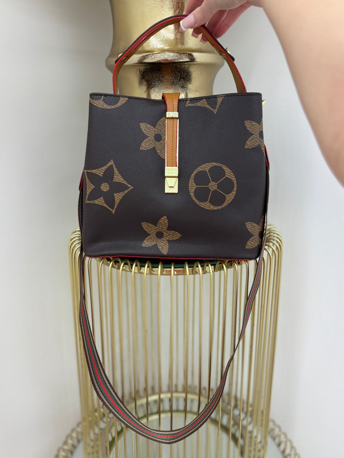 Flower Inspired Detailed Bucket Bag with Gold Detailing