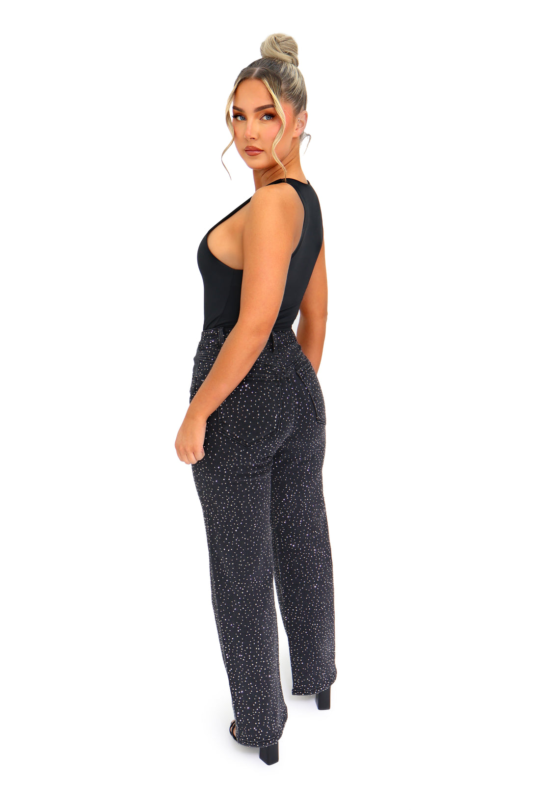 AVA black rhinestone embellished straight-leg jeans - BLACK